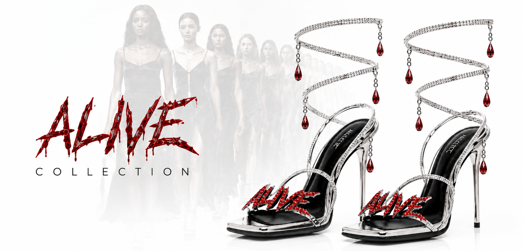ALIVE Collection — silver stiletto heels with rhinestone ALIVE lettering across the toe strap and red blood-drop pendants on the ankle straps